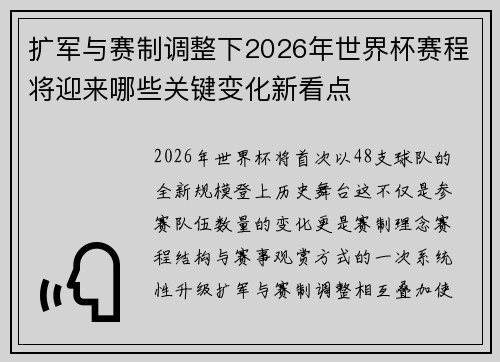 扩军与赛制调整下2026年世界杯赛程将迎来哪些关键变化新看点