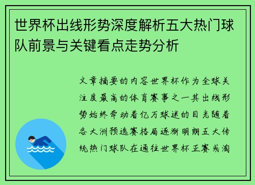 世界杯出线形势深度解析五大热门球队前景与关键看点走势分析